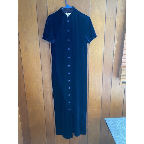 Vintage R.J. Collection Dress Womens 10 Blue Velvet Button-Down‎ Maxi Evening - Picture 4 of 14